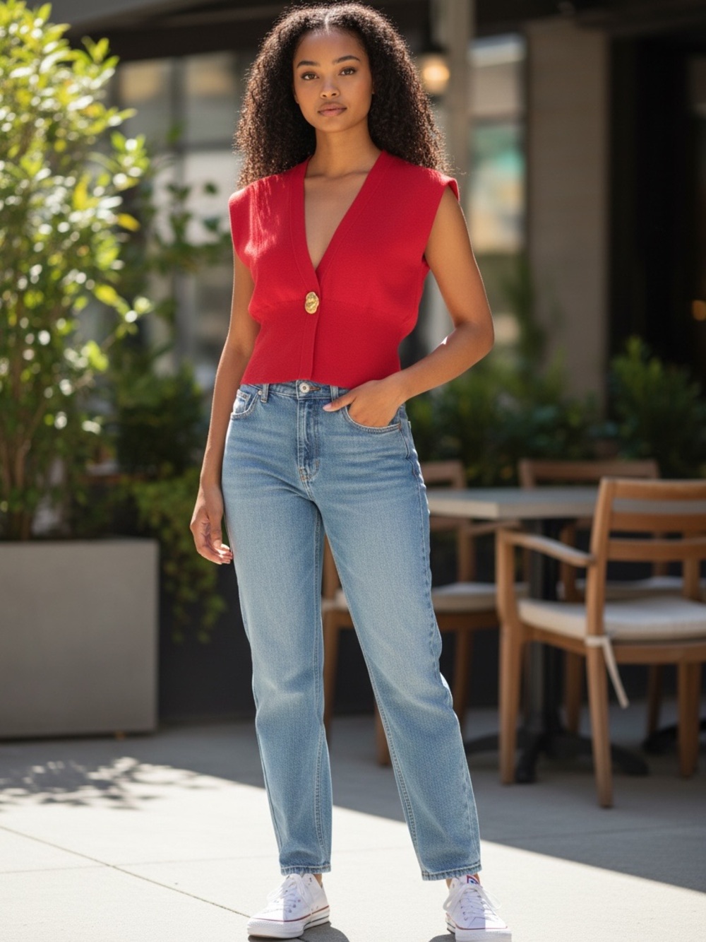 Commense Bright Red V-Neck Sleeveless Sweater Vest with Gold Button